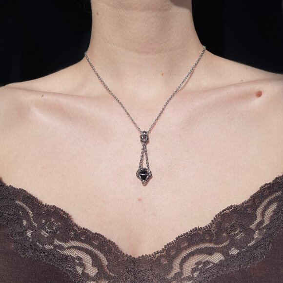 Vintage black obsidian and silver basket necklace with a small silver chain - Picture 1 of 7